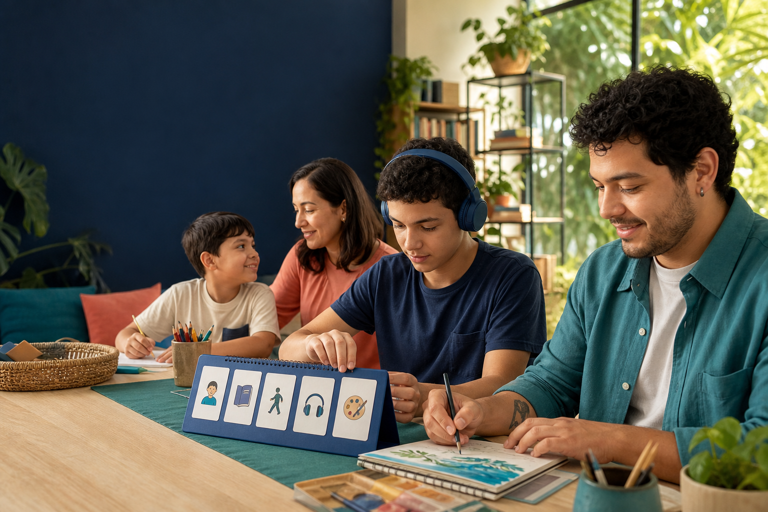Família usando recursos visuais em um momento de aprendizagem